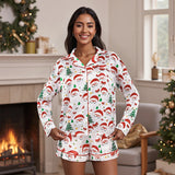 Women's Christmas Satin Pajama Set Long Sleeve Lapel Santa Claus/Christmas Tree Print Shirt Shorts Two Pieces Sleepwear
