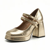 Big Size 32-46 Y2K Metallic Mary Jane High Heels Women Shoes Round Toe Double Straps Rhinestone Buckle Platform Block Heel Pumps