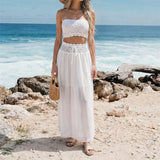 S - XL Bandeau Crochet Knitted 2 Pieces Suits Tunic Beach Cover Up Cover-ups Beach Dress Beach Wear Beachwear Female Women V8218