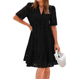 Casual Short Sleeve V-neck Midi Dress Women's Hollow Out Eyelet Dress Summer Beach Tiered Flowy A-line Sundress