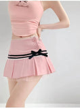 Striped Contrasting Color Bow Lace Splicing Pleated Skirt Women 2026 Summer American Style Low Waist  A-line Short Skirt UBFK