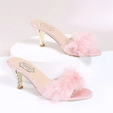 Summer Elegant Open Toe Plush Slippers for Women 2025 Suede High Heels Slippers Women Luxury Solid Thin Heels Woman Slides