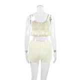 Lace Trim Ruffle Hem U-Neck Strap Cable Textured Cami & Casual Shorts Loungewear Summer Pajamas Set Women Sleepwear