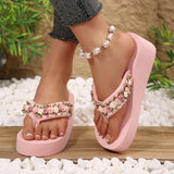 Fashion Flower Decor Wedge Flip Flops Women 2026 Summer Lightweight Platform Slippers Woman Chic Pink Thick Sole Beach Sandles
