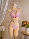 Vintage Pink Floral Tie Dye Gradient Bikini Set 2026 Women 3D Flower Push Up Bra Cover Up 3 Piece Swimwear Bathing Suit Swimsuit