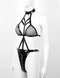 Plus Size 2XL Balck Bandage PU Leather Mesh Bodysuit Exotic Teddies Zipper Crotch Catsuit Women Sexy Lingerie Costumes