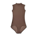 Solid Color Spring Stand-up Collar Sleeveless Tank Top For Women Light Mature Style Sexy Slim-fit See-through Mesh Bodysuit WHBH