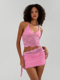 Women Lace Flower 2 Piece Sets Sleeveless Corset Cami Tops + Cut Out Tie-up Mini Skirts Sets Sexy Streewear