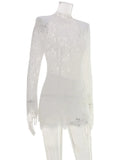 Ahagaga Fashion Lace Mini Dresses Elegant High Neck Solid Slim Long Sleeve Bodycon Party Clubwear Streetwear Woman Vestidos Robe