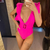 New Sexy Ruffled White Deep V One Piece Swimsuit Women Swimwear Female With Belt Monokini Bather Bathing Suit Swim Lady V2198