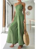 Foridol Waist Folds Backless Double Strap Casual Wide Leg Jumpsuit Long Pants Green 2025 New Female Loose  Jumpsuit