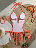Printed Halter V Neck Female Swimwear One Piece Swimsuit Women Backless Monokini High Leg Cut Bather Bathing Suit Swim Bodysuit