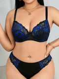 Women’s Hot Selling Plus Size Lingerie Set, Sexy Blue Floral Lace Embroidery Push Up Bra, Big Bust Erotic Set