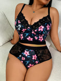 Lace Floral Print Lingerie Set Sexy Wireless Bra Plus Size Push-Up Thin Breathable Seamless Adjustable