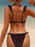 Cherry Printed Underwired V-bar Ruffled Bikini Women Swimwear Female Swimsuit Two-pieces Bikini Set Push Up Bathing Suit Swim