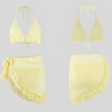 3 Pieces Solid Bikini 2026 Women & Beach Skirt Swimwear Female Halter Swimsuit Beachwear Bathers Bathing Swimming Swim Suit