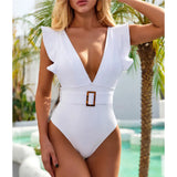 New Sexy Ruffled White Deep V One Piece Swimsuit Women Swimwear Female With Belt Monokini Bather Bathing Suit Swim Lady V2198