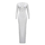 Trendy Solid Color Slim Long Dresses Women Sexy Deep V-neck Hollow Out Leace-up Package Hip Bodycon Party Dress Female Vestidos