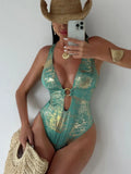 Sexy Neon Yellow Gradient Swimwear Women Deep V Neck Hollow Out Backless One Piece Swimsuit 2026 Bathing Suit Holiday Monokini