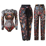 S - XXL 3PCS New Printed Long Sleeve With Pants Sarong Women Swimwear One Piece Swimsuit Female Bather Bathing Suit Swim V7180
