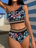 2026 Paisley Print Chevron Tape One Shoulder Swimsuit Women Bikini Swimwear Female Bathers Bathing Swimming Swim Suit Beachwear