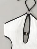 Hollow Out Wrinkled Halter One Piece Swimsuit Women Thong Swimwear Female Backless Monokini High Cut Leg Bathing Suit Beach Wear