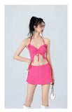 Vacation Beach Ins Rose Red Bikini Three Piece Swimsuit Women's Small Chest Internet Famous Swimsuit Butterfly Sexy Spicy Girl