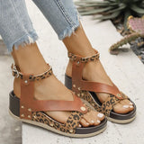 Summer Leopard Print Wedge Sandals Women Plus Size Ankle Strap High Heel Sandal Female New Slip On Pu Leather Sandalias Mujer