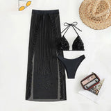 3D Flowers Ruffled Halter Long Skirt Bikini Women Swimwear Female Swimsuit Three-pieces Bikini Set Bathing Suit Swim Beach Wear
