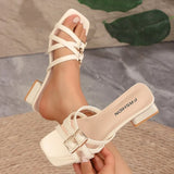 Gladiator Slippers Women Calfskin Square Toe Cross-tied Woven Buckle Strap Solid Color Flats Summer Female Shoes