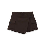Women's Workwear Skirt-pants Dark Brown Wrap Design Cargo Skort With Pockets For Women High Waist Summer Shorts Elegant 56S3