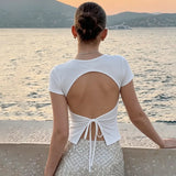 FDYOUI Fashion Casual Backless Lace-up T-shirts Women's Summer O-neck Short Sleeve Cropped Tops Streetwear Y2K Solid Tee Shirt
