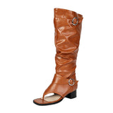 Plus Size Women Open Toe Thong Knee High Boots Metal Buckle Ruched Mid Block Heel Tall Sandal Boots Fashion Streetwear Long Boot