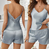 Summer Sexy Pajama Sets Backless Deep V Sleepwear Lace Satin Pajamas Set for Women Comfortable Short Sleeve Cami Shorts
