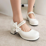 Pearl Beaded High Heels Shoes Ladies Wedding Mary Janes Block Heeled Pumps Woman Hook&Loop Tacones Wedges Escarpins Femme