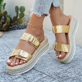 Fashion Buckle Wedge Platform Sandals Women Summer Plus Size 43 Chunky Heel Sandals Woman Heighten Thick Sole Gold Sandles Mujer