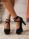 Large Size 42 Sexy Super High Heels Shoes for Women Ankle Buckle Chunky Platform Pumps Woman Black Flock Square Heel Party Shoes