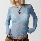 Sexy Lace Hot Girl Crop Tops Fashion Women Spring Autumn Long Sleeve Slim Fit Sheer T-Shirts Casual Streetwear Solid Basic Tees