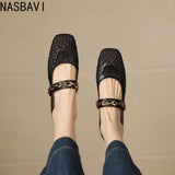 Summer Retro Style Women Mary Jane Shoes Fashion Shallow Ladies Square Soft Hollow Out Flats Sandals Shoes New 2026 Size 32-43