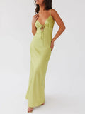 Women Cami Dress Solid Color Sleeveless Tie-Up Front Sleeveless Backless Dress Long Dress Summer Casual Spaghetti Strap Dress