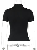 FDYOUI Fashion Stand Collar Button Hollow Out T-shirt for Women 2026 Sexy Short Sleeve Slim Cropped T Shirts Black Wine Red Tops