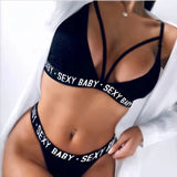 New arrival! Sexy women's lingerie set, comfortable, wireless, sheer three-piece set with letter print bikini and matching thong