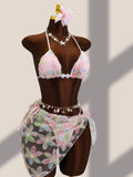 DEKA 3 Piece Brazil Triangle Bikini Set Vintage Pink Floral Embroidery Cover Up Women Halter Push Up Thong Swimsuit Bathing Suit