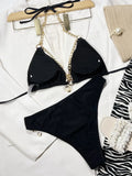 2026 Sexy Bikini Black Chain Hollow Halter Swimwear Swimsuit Women Bikinis Set Bathing Suit Beach Bikini Female Push Up Biquinis