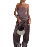 Women 2 Piece Pant Outfits Bandage Backless Bandeau Tops and Elastic Wide Leg Pants Set Streetwear Aesthetic Summer Clothes