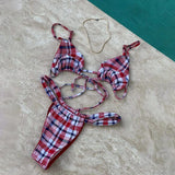 2026 New Summer Women's Plaid Print Swimsuit Strappy Bathing Suit Sexy Lace-up Backless Swimwear Push Up Thong Biquini Beachwear