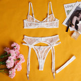 Toucheart Sexy Lingerie Set for Women Solid Color Mesh See-through Plunge Women's Sexy Garters Interesting Underwear 3-piece Set