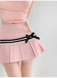 Striped Contrasting Color Bow Lace Splicing Pleated Skirt Women 2026 Summer American Style Low Waist  A-line Short Skirt UBFK