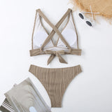Wrinkled Crinkled Cross Back Bikini Women Swimwear Female Swimsuit Two-pieces Bikini Set High Cut Bathing Suit Swim Beach Wear
