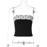 FDYOUI Women's Summer Polka Dot Patchwork Black Corset Sexy Off Shoulder Slim Crop Tops Streetwear Y2K Girls Backless Tank Top